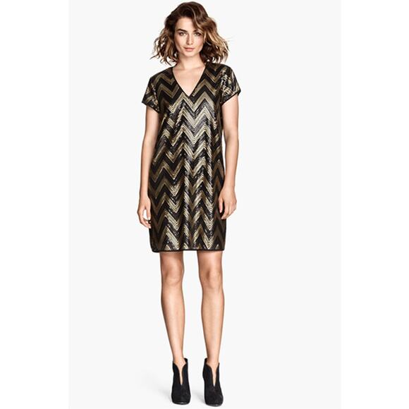 H&M Dresses & Skirts - H&M Black Gold Sequined Mini Dress Women XL Glam Fairy Grunge Event Career